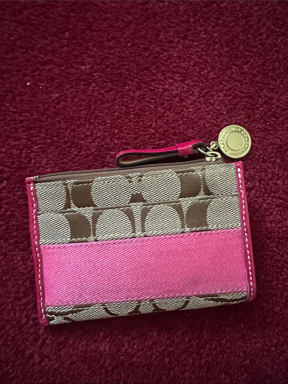 Coach Brown Signature Canvas Card Case with Pink Trim